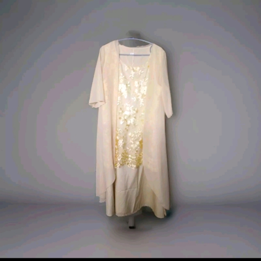 2 piece sleeveless maxi dress and transparent cream over coat